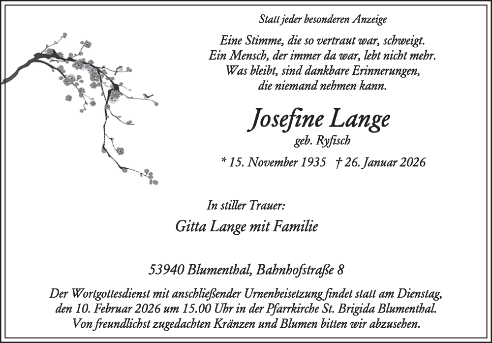  Traueranzeige für Josefine Lange vom 04.02.2026 aus WochenSpiegel