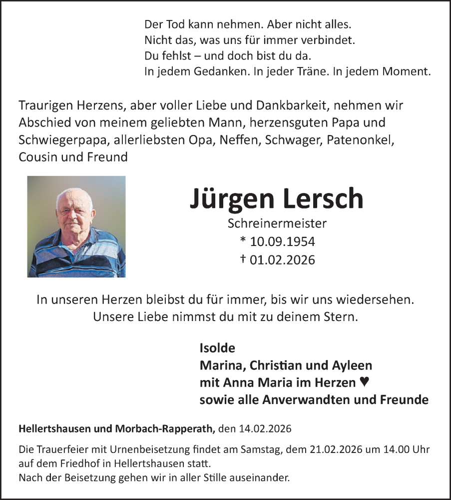  Traueranzeige für Jürgen Lersch vom 14.02.2026 aus WochenSpiegel