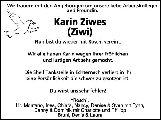 Traueranzeige von Karin Ziwes von WochenSpiegel