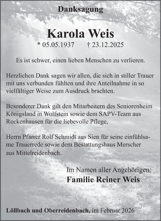 Traueranzeige von Karola Weis von WochenSpiegel