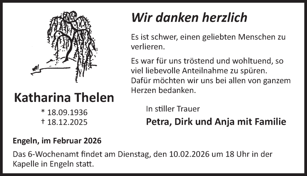  Traueranzeige für Katharina Thelen vom 04.02.2026 aus WochenSpiegel