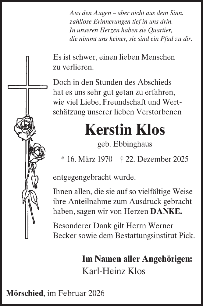  Traueranzeige für Kerstin Klos vom 07.02.2026 aus WochenSpiegel