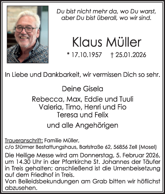 Traueranzeige von Klaus Müller von WochenSpiegel