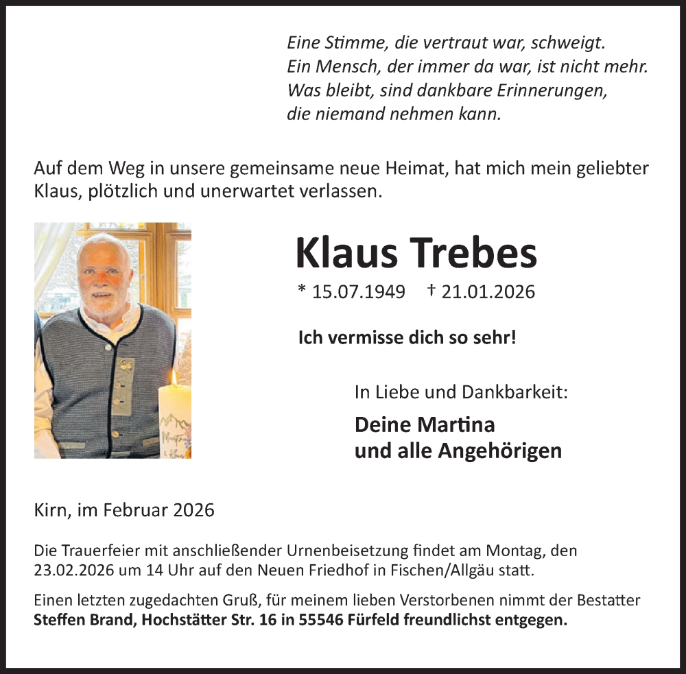 Traueranzeige für Klaus Trebes vom 14.02.2026 aus WochenSpiegel