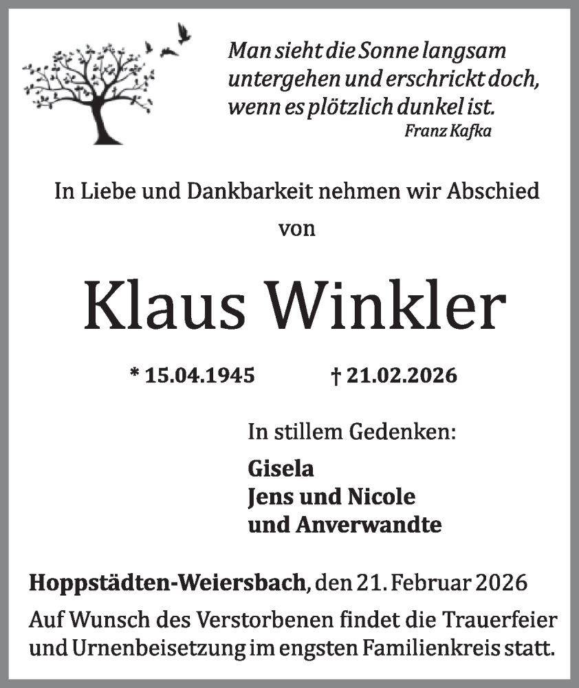  Traueranzeige für Klaus Winkler vom 28.02.2026 aus WochenSpiegel