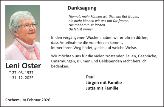 Traueranzeige von Leni Oster von WochenSpiegel