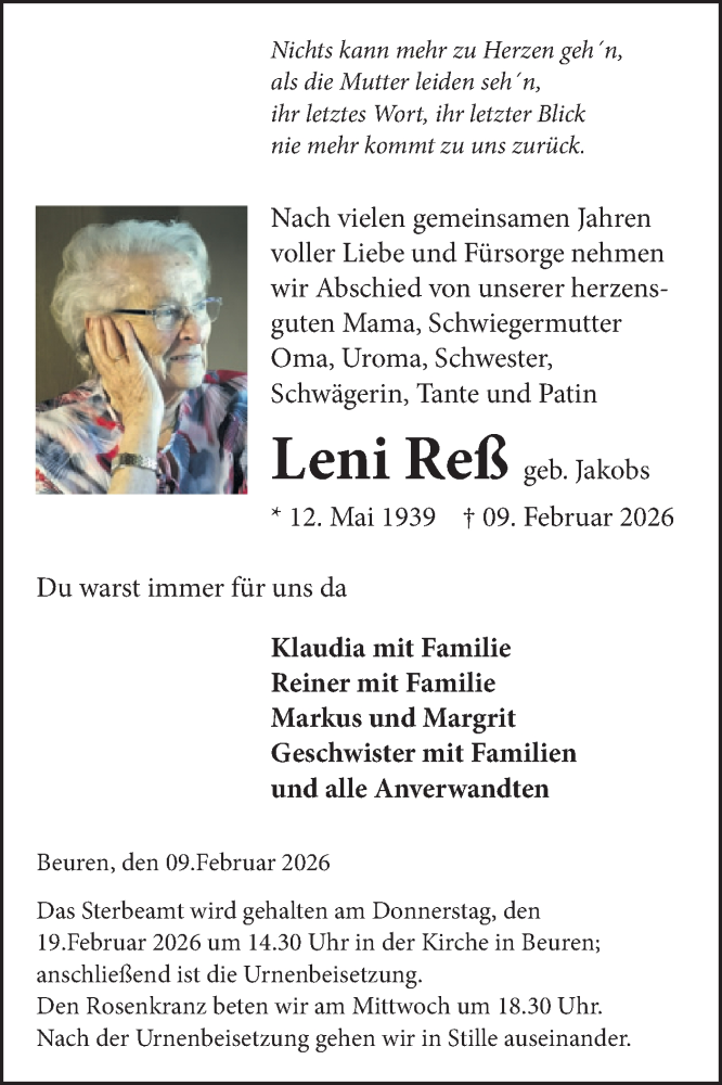 Traueranzeige für Leni Reß vom 18.02.2026 aus WochenSpiegel