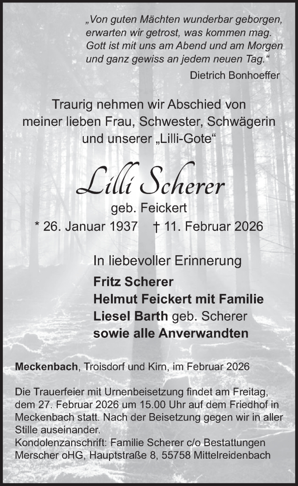  Traueranzeige für Lilli Scherer vom 21.02.2026 aus WochenSpiegel