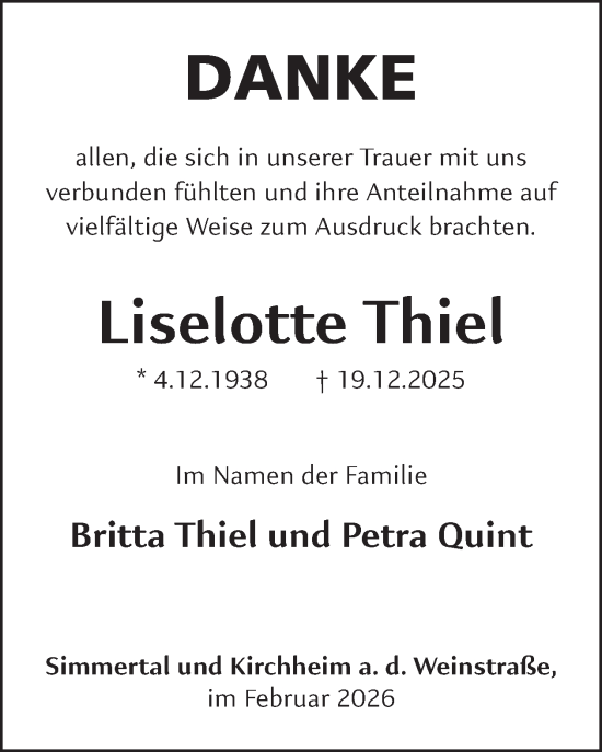 Traueranzeige von Liselotte Thiel von WochenSpiegel
