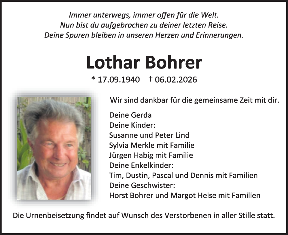  Traueranzeige für Lothar Bohrer vom 14.02.2026 aus WochenSpiegel