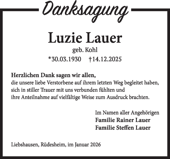 Traueranzeige von Luzie Lauer von WochenSpiegel