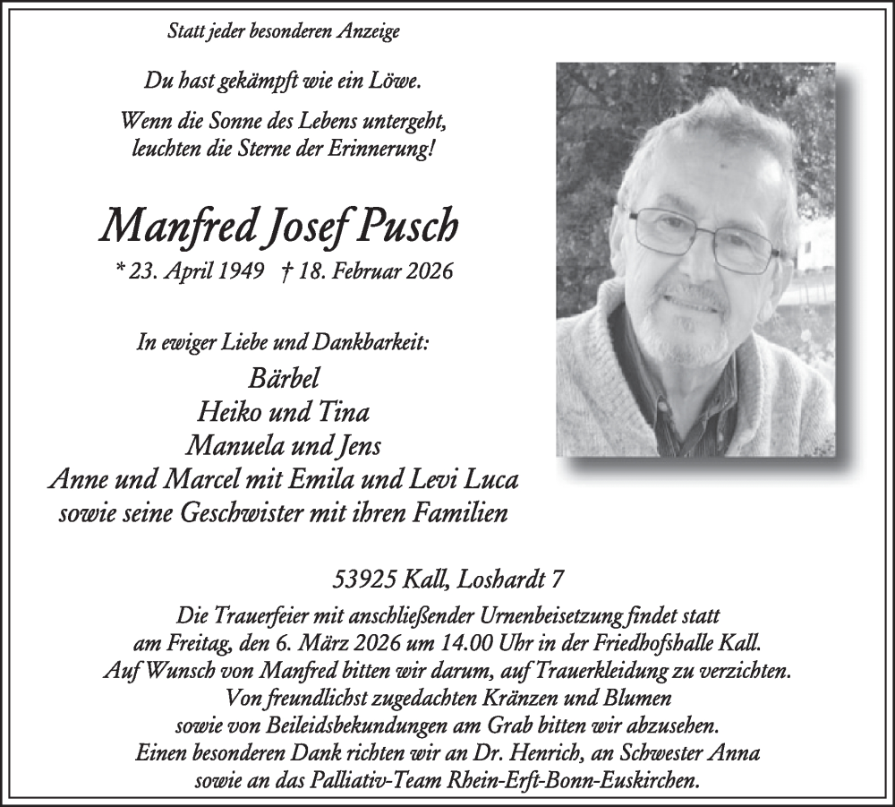  Traueranzeige für Manfred Josef Pusch vom 25.02.2026 aus WochenSpiegel