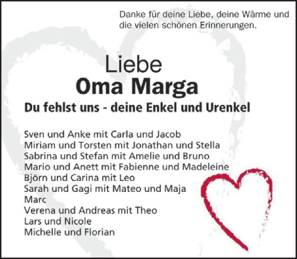  Traueranzeige für Marga  vom 21.02.2026 aus WochenSpiegel