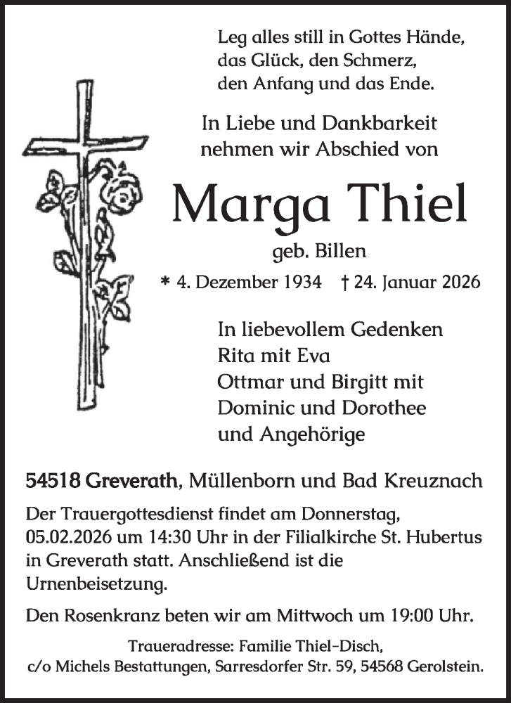  Traueranzeige für Marga Thiel vom 07.02.2026 aus WochenSpiegel