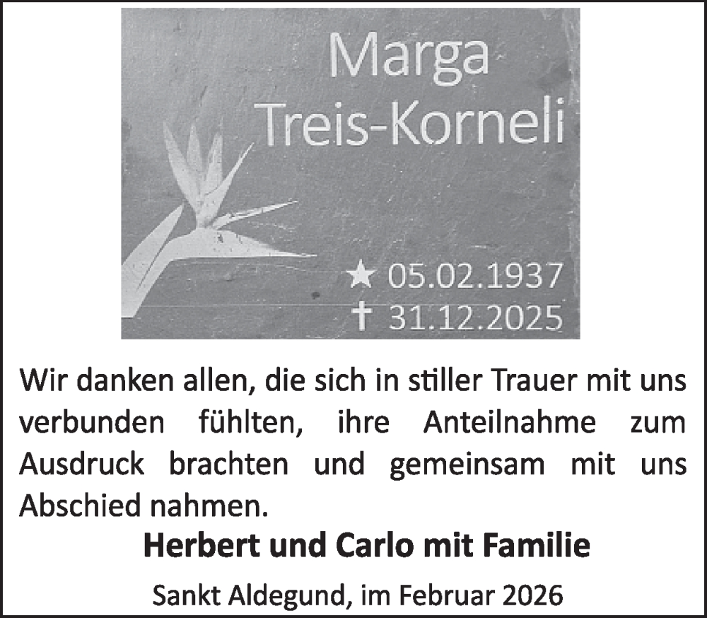  Traueranzeige für Marga Treis- Korneli vom 25.02.2026 aus WochenSpiegel
