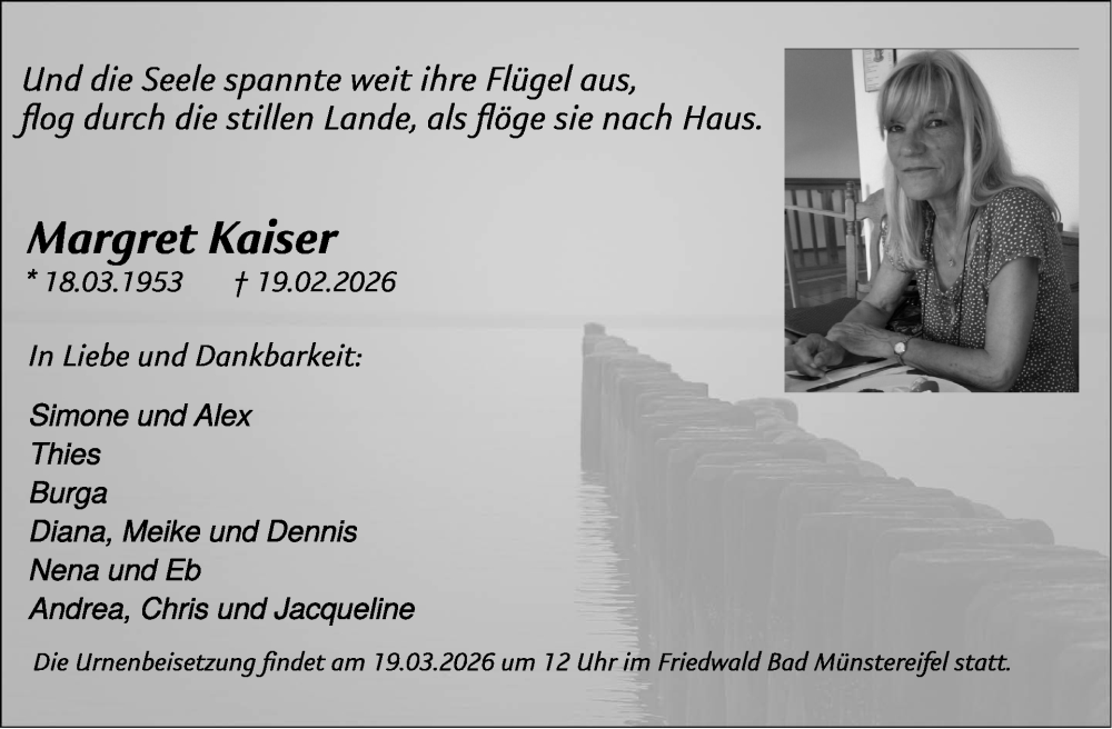  Traueranzeige für Margret Kaiser vom 25.02.2026 aus WochenSpiegel