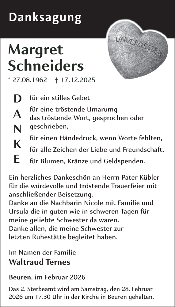  Traueranzeige für Margret Schneiders vom 11.02.2026 aus WochenSpiegel