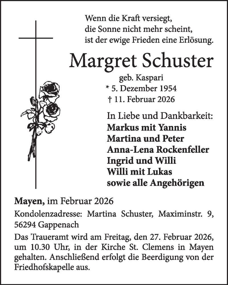  Traueranzeige für Margret Schuster vom 25.02.2026 aus WochenSpiegel