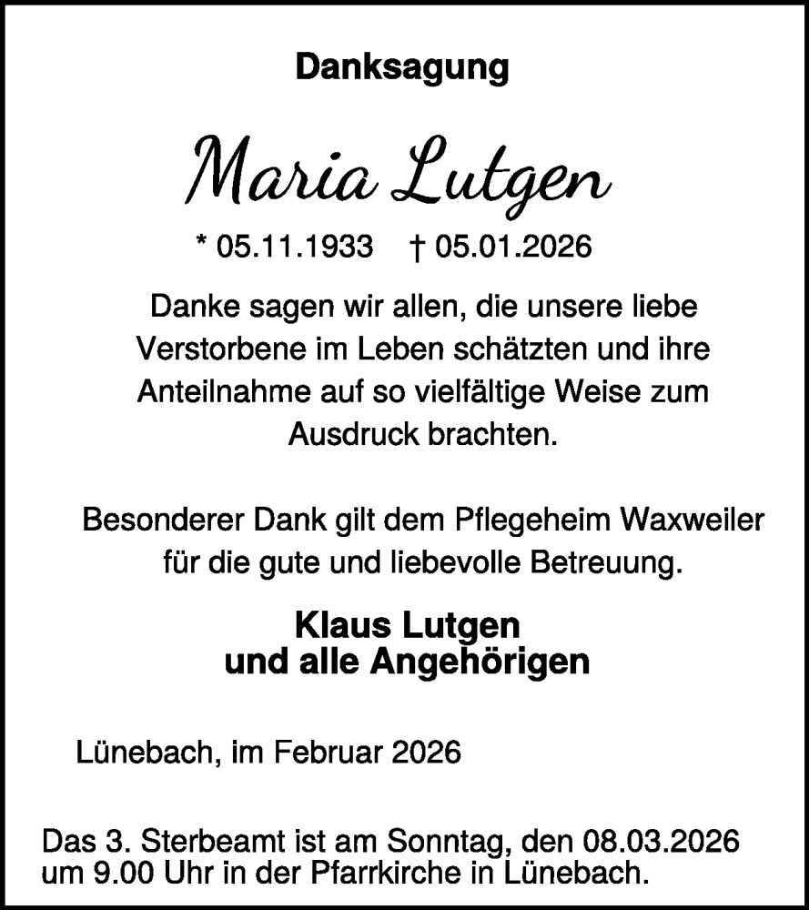 Traueranzeige für Maria Lutgen vom 27.02.2026 aus WochenSpiegel