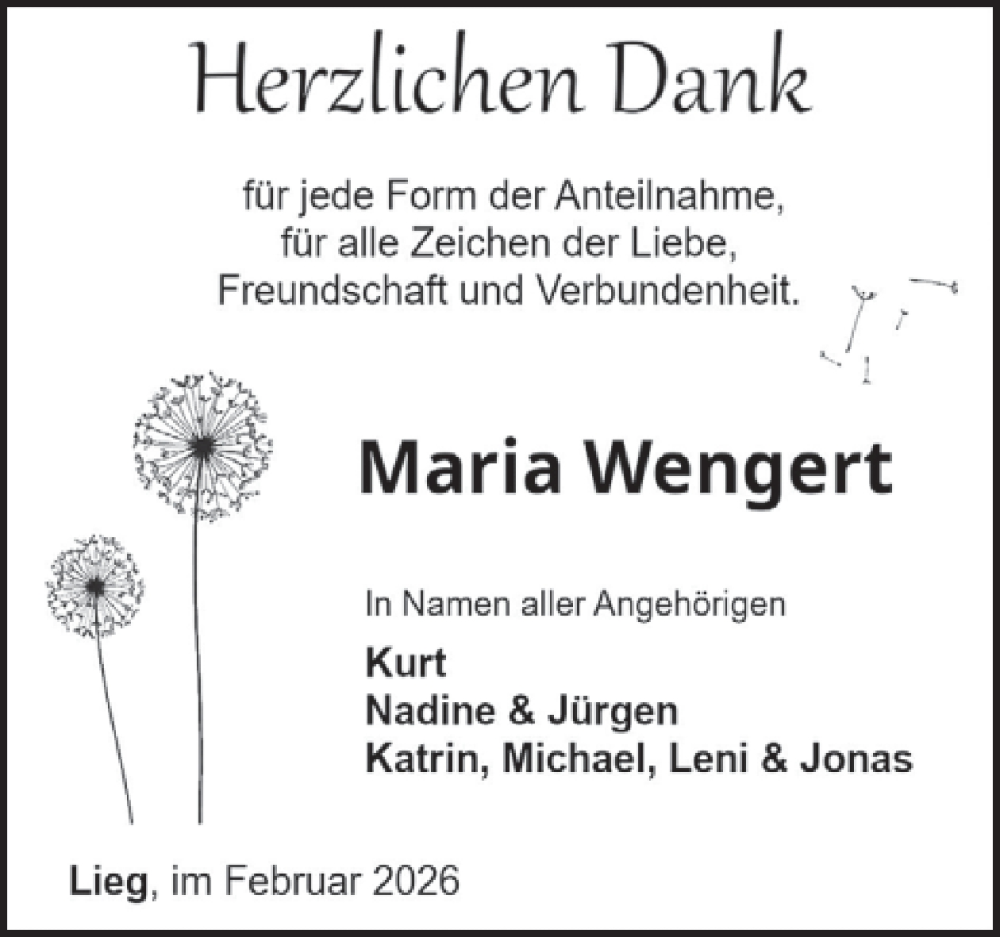  Traueranzeige für Maria Wengert vom 14.02.2026 aus WochenSpiegel