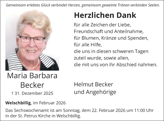 Traueranzeige von Maria Barbara Becker von WochenSpiegel