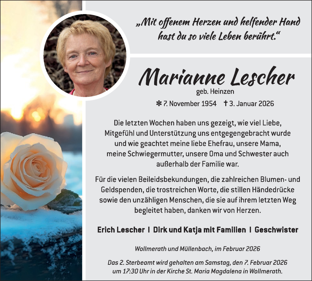 Traueranzeige für Marianne Lescher vom 04.02.2026 aus WochenSpiegel