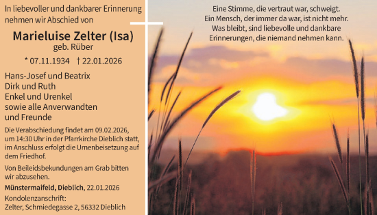 Traueranzeige von Marieluise Zelter von WochenSpiegel