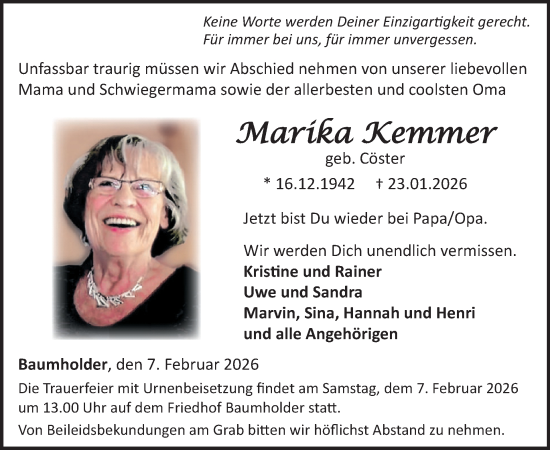 Traueranzeige von Marika Kemmer von WochenSpiegel