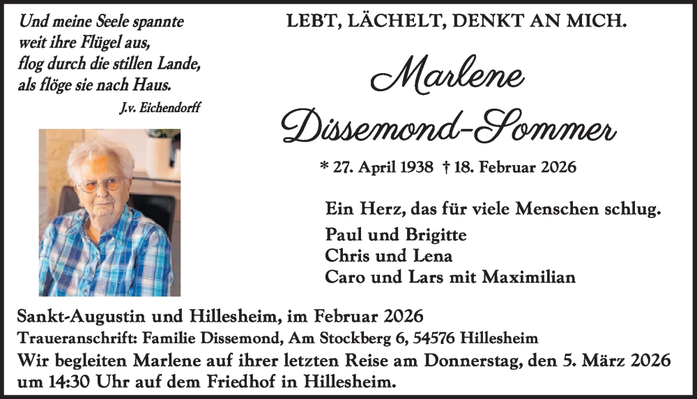  Traueranzeige für Marlene Dissemond-Sommer vom 28.02.2026 aus WochenSpiegel