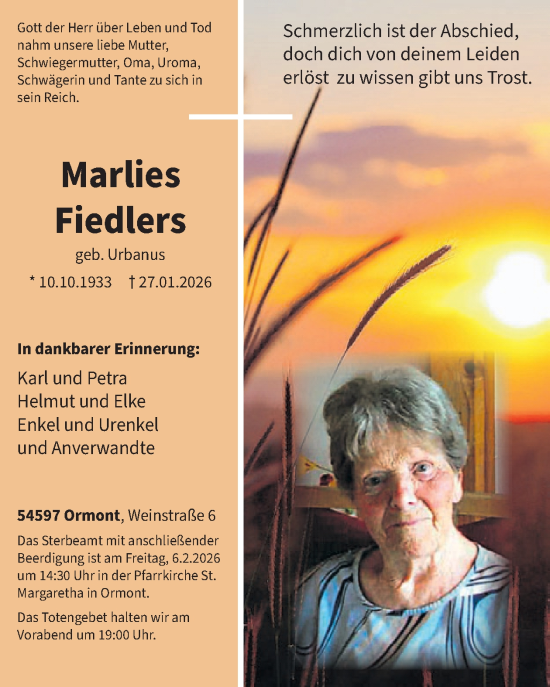 Traueranzeige von Marlies Fiedlers von WochenSpiegel