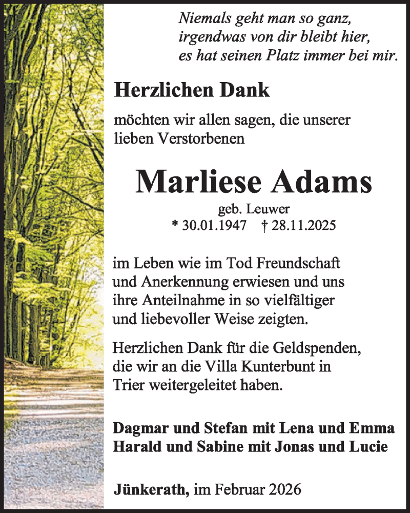  Traueranzeige für Marliese Adams vom 14.02.2026 aus WochenSpiegel