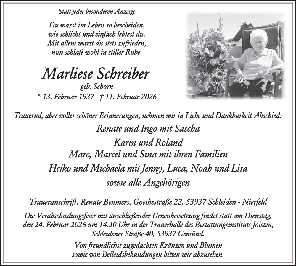  Traueranzeige für Marliese Schreiber vom 18.02.2026 aus WochenSpiegel