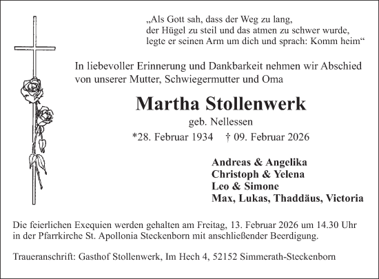 Traueranzeige von Martha Stollenwerk von WochenSpiegel