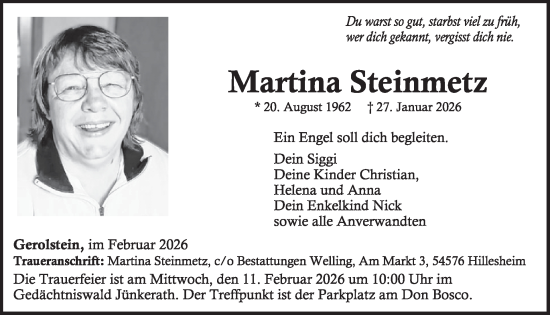 Traueranzeige von Martina Steinmetz von WochenSpiegel