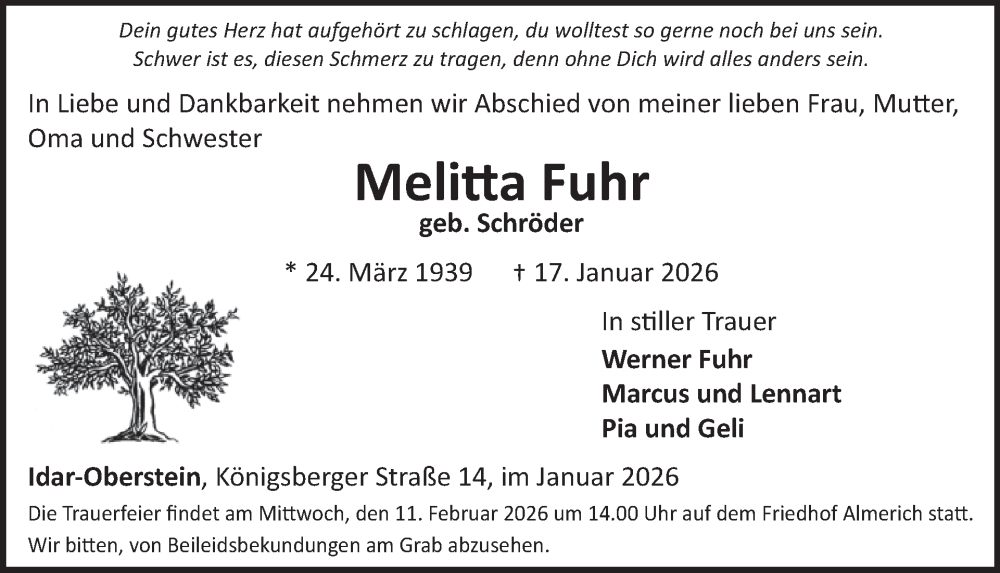  Traueranzeige für Melitta Fuhr vom 07.02.2026 aus WochenSpiegel
