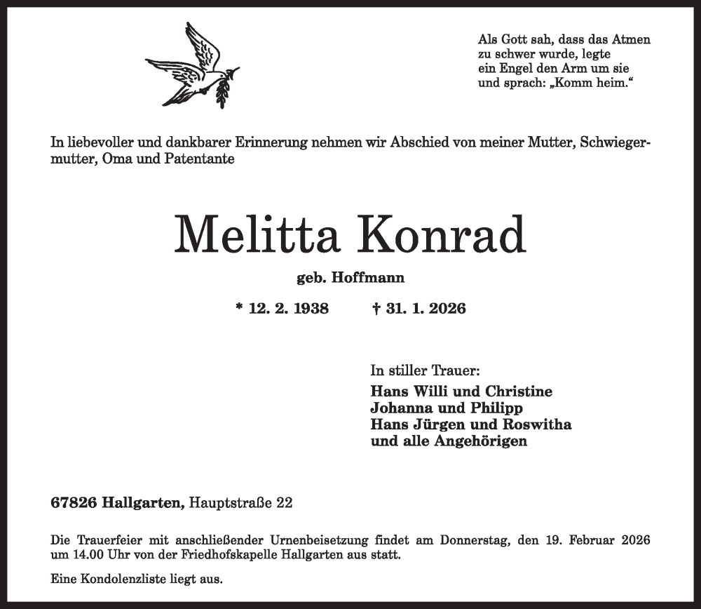 Traueranzeige für Melitta Konrad vom 14.02.2026 aus WochenSpiegel