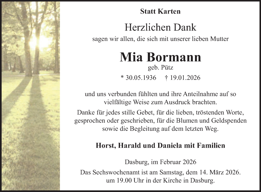  Traueranzeige für Mia Bormann vom 27.02.2026 aus WochenSpiegel