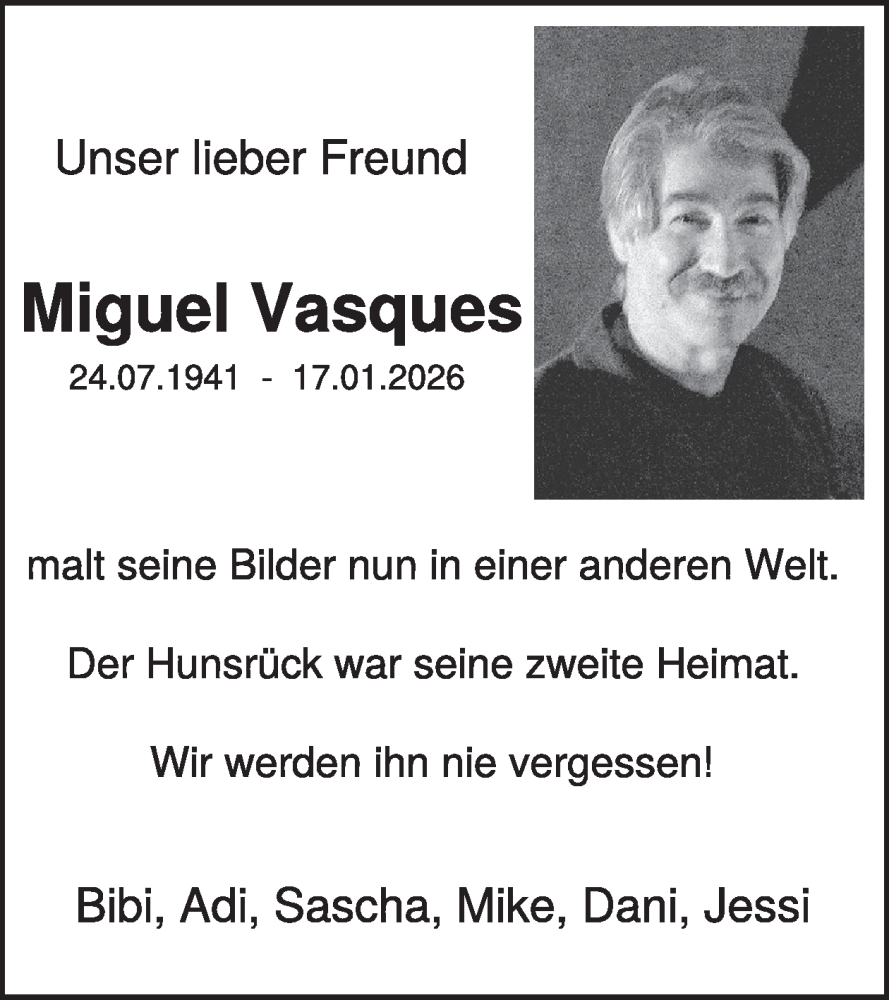  Traueranzeige für Miguel Vasques vom 28.02.2026 aus WochenSpiegel