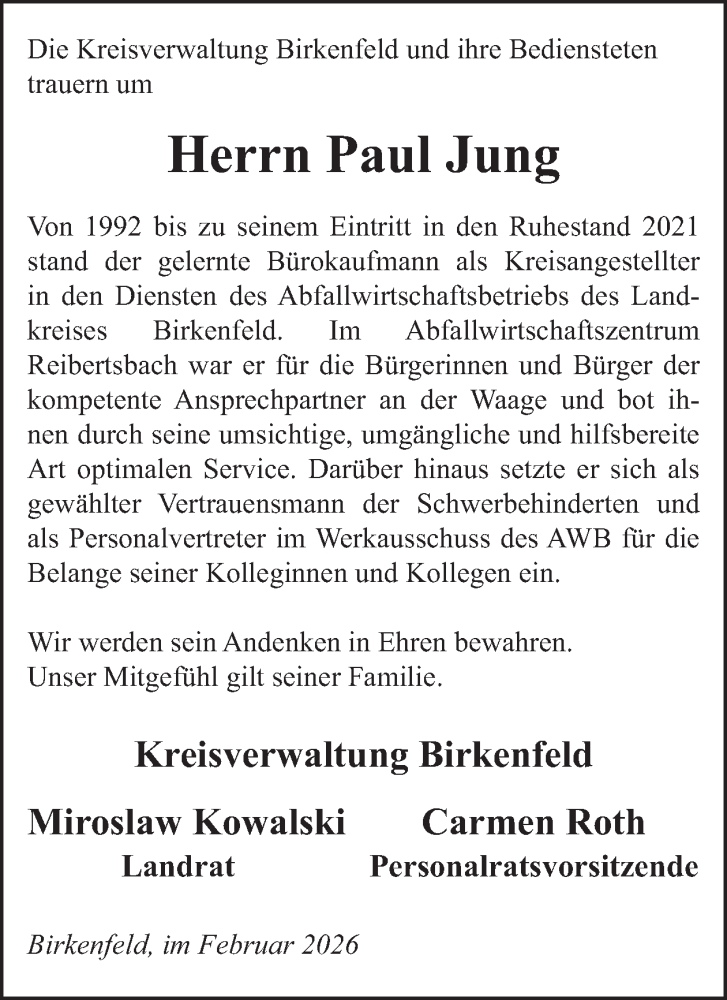  Traueranzeige für Paul Jung vom 14.02.2026 aus WochenSpiegel
