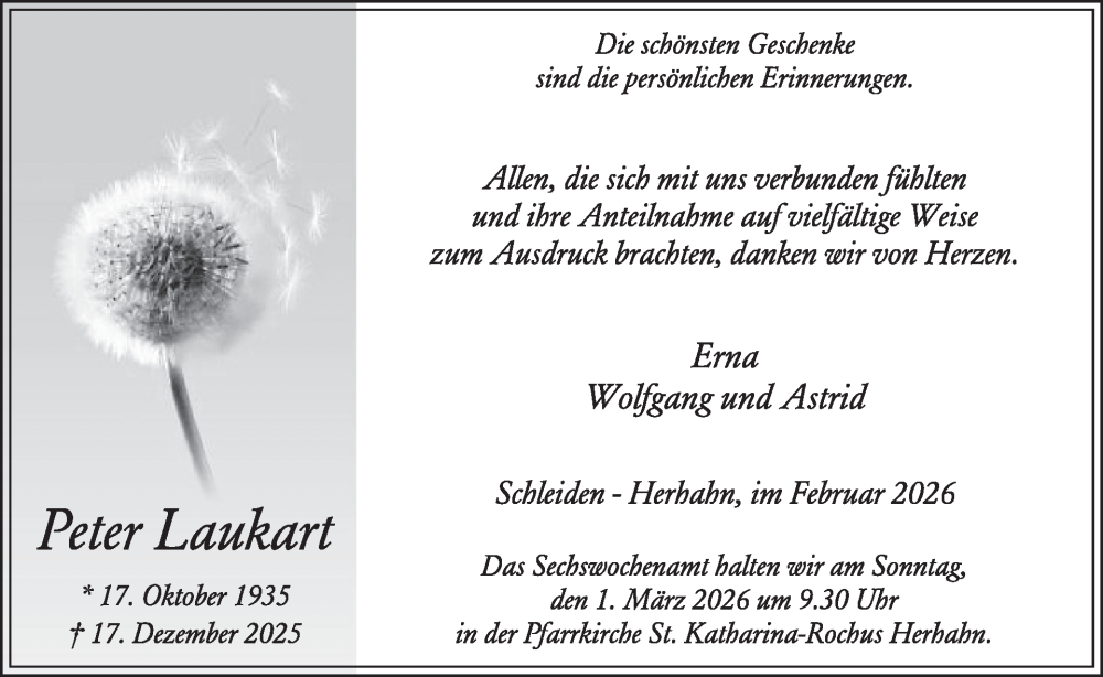  Traueranzeige für Peter Laukart vom 18.02.2026 aus WochenSpiegel