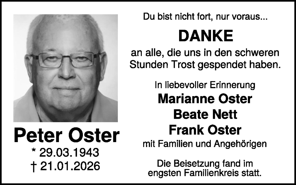  Traueranzeige für Peter Oster vom 11.02.2026 aus WochenSpiegel