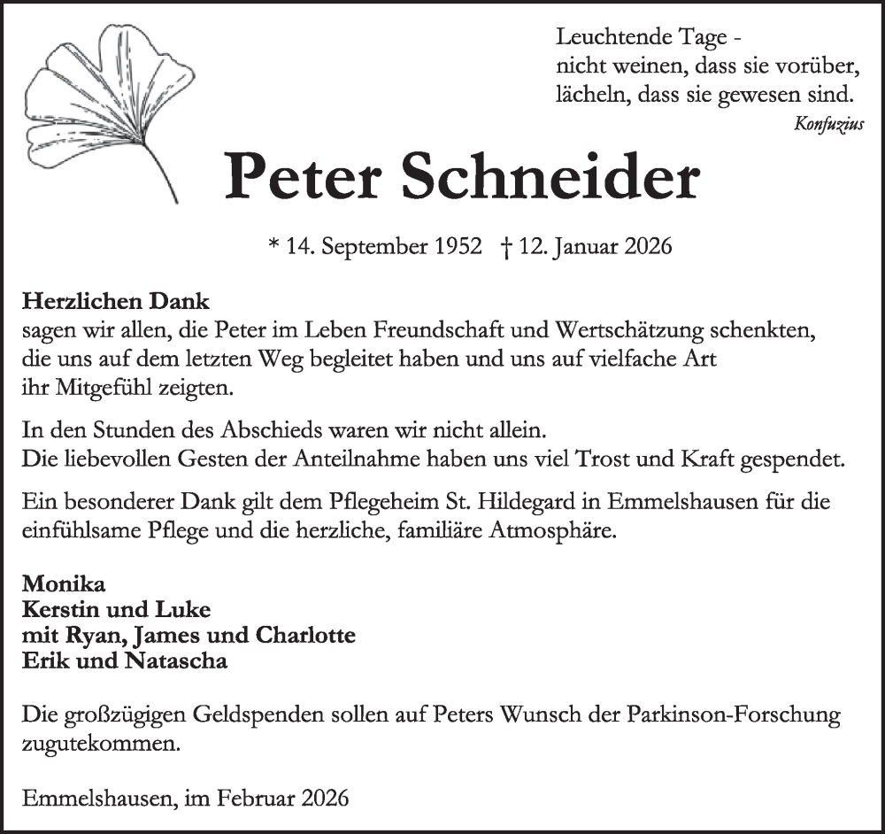  Traueranzeige für Peter Schneider vom 21.02.2026 aus WochenSpiegel