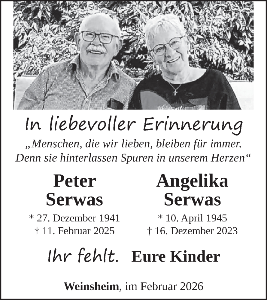  Traueranzeige für Peter  Angelika Serwas  vom 06.02.2026 aus WochenSpiegel