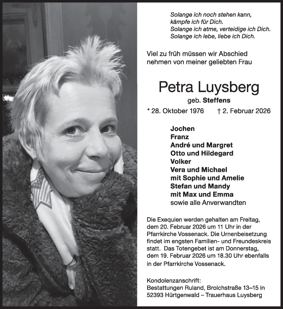  Traueranzeige für Petra Luysberg vom 11.02.2026 aus WochenSpiegel