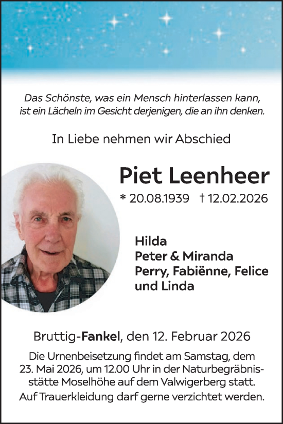 Traueranzeige von Piet Leenheer von WochenSpiegel