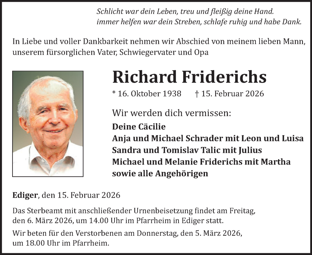  Traueranzeige für Richard Friderichs vom 25.02.2026 aus WochenSpiegel