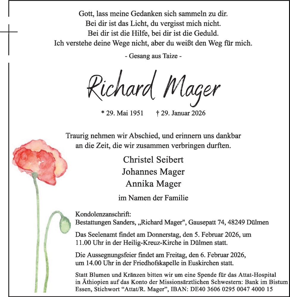  Traueranzeige für Richard Mager vom 04.02.2026 aus WochenSpiegel