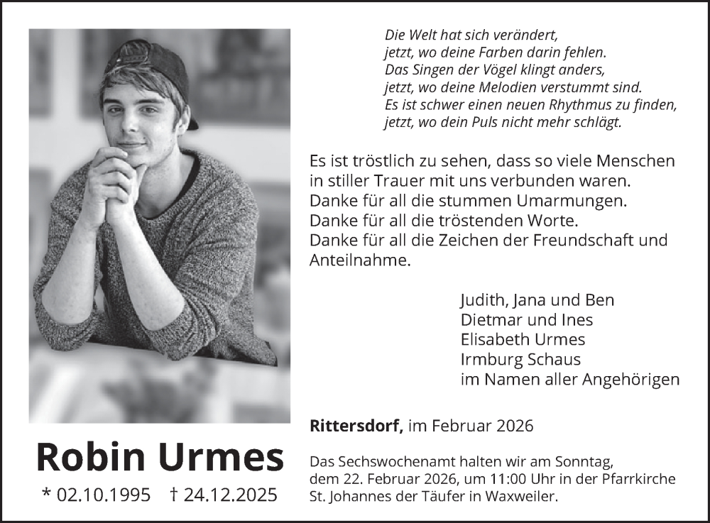 Traueranzeige für Robin Urmes vom 06.02.2026 aus WochenSpiegel