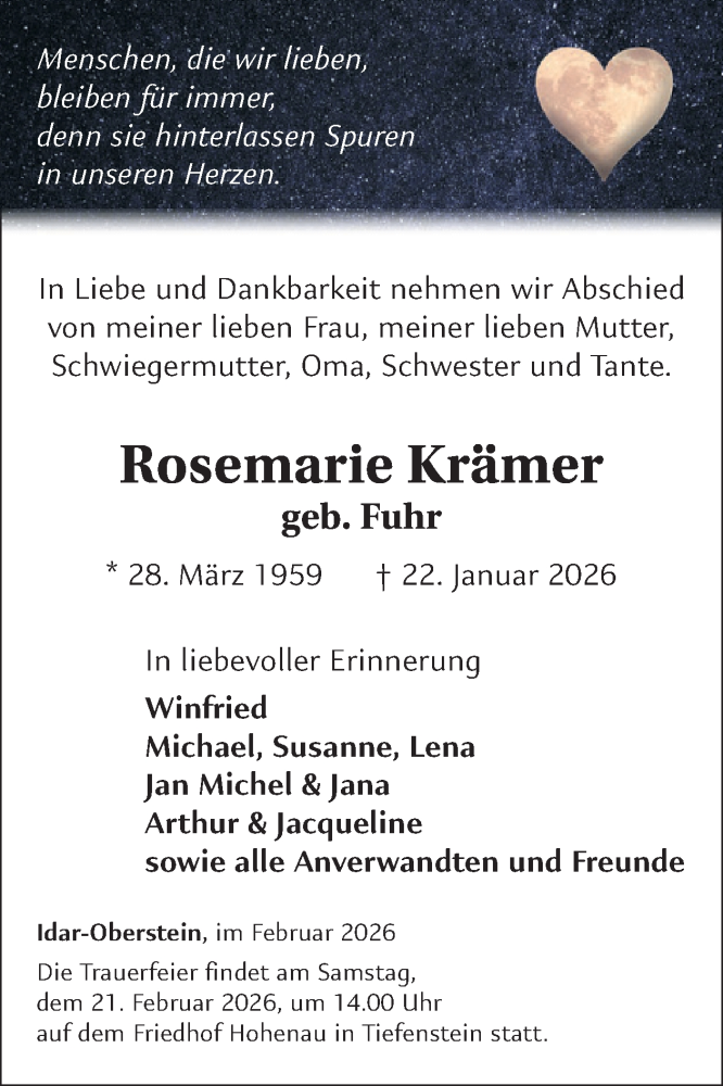  Traueranzeige für Rosemarie Krämer vom 14.02.2026 aus WochenSpiegel