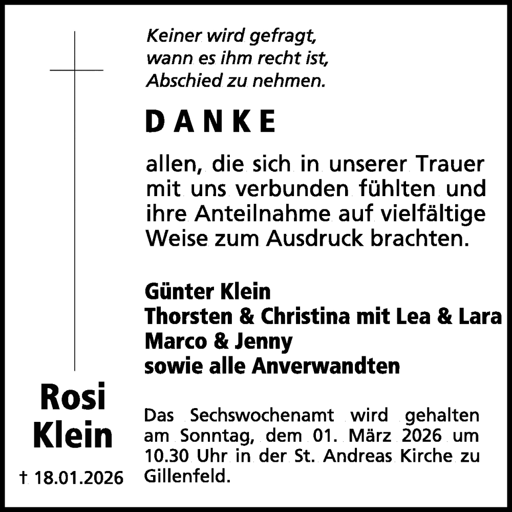  Traueranzeige für Rosi Klein vom 21.02.2026 aus WochenSpiegel